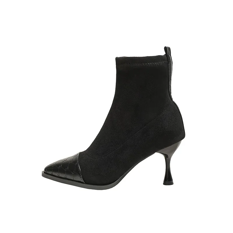 النمط الجديد من حذاء الكاحل ذو الكعب العالي الأنيق والأنيق بمقدمة مدببة من جلد الغزال بكعب رفيع يجعلك تبدو أنحفًا #4