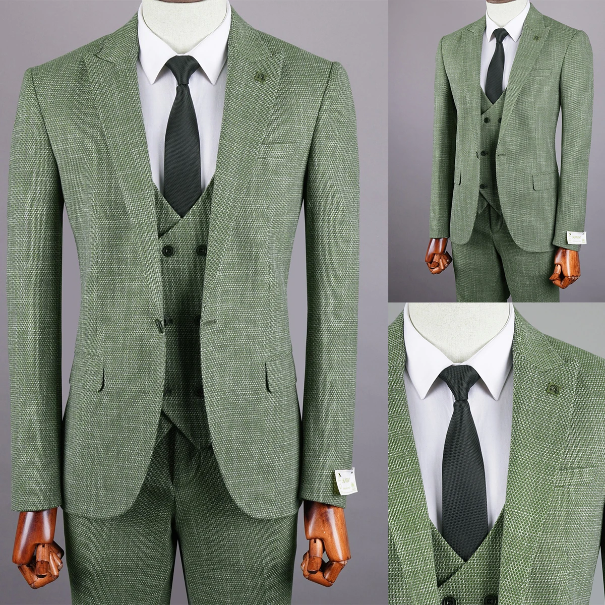 Green Men's Suit 3 Pieces Blazer Pants One Button Peaked Lapel Formal Work Wear New Wedding Groom Formal Tailored Costume Homme