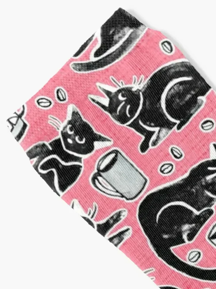 Black Cats & Coffee on Strawberry Pink Socks Heating sock happy Men Socks Luxury Brand Women's