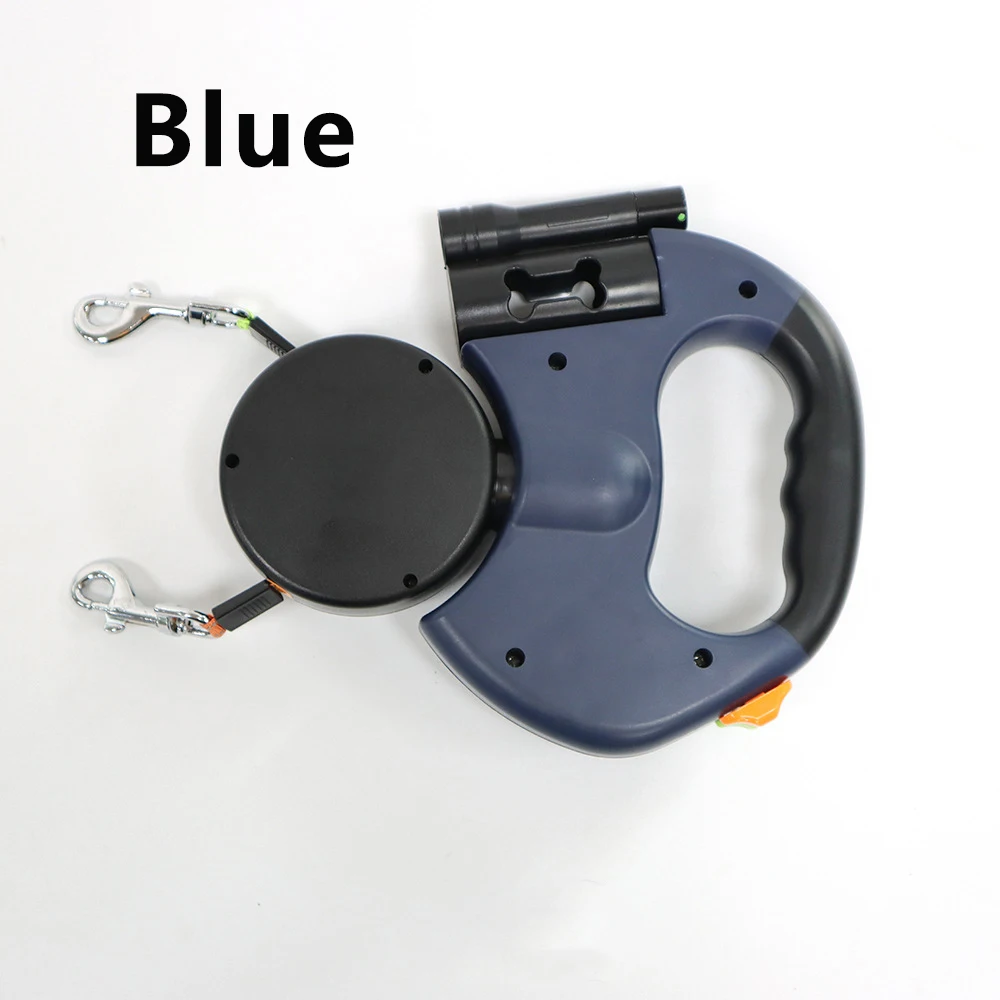 Blue One-to-Two Retractable Dog Leash with One-Click Safety Lock & Night Light - 3M Tangle-Free 360° Rotation Walking Leash