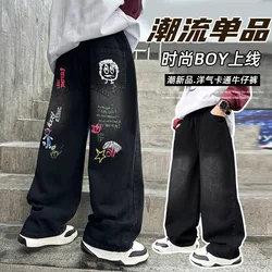 Boys Black Print Jeans Spring/Autumn Kids Wide Leg Pants Washed Denim Straight Pants Teen Children Pants 5-14 Years Old