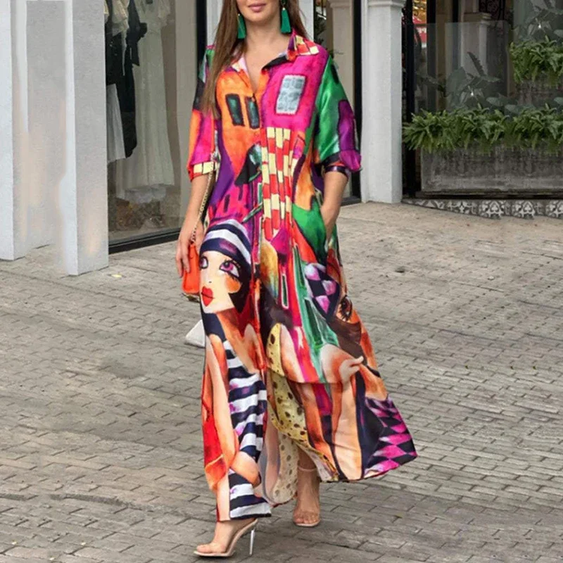 

Women Long Maxi Dress Turn Down Neck High Waist Buttoned Abstract Figure Print Shirt Dress Button Casaul Loose Dress Vestidos