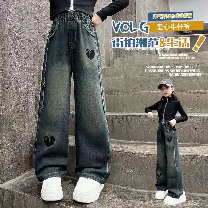 

Girls' Vintage Blue Straight Leg Wide Jeans Spring Autumn New Children's Outerwear Trendy Medium To Large Kids Pants