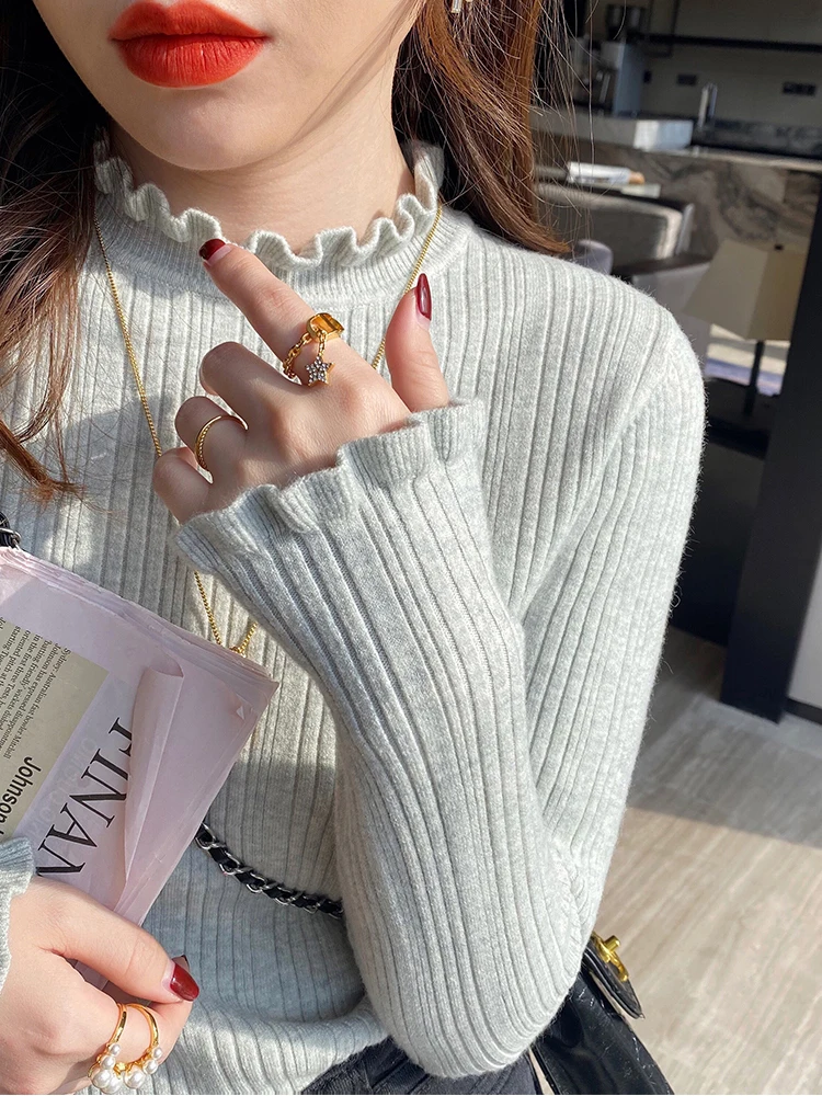 Mock Neck Women Sweater Ruched Solid 2022 Autumn Winter Fashion Sweater Women Slim Casual Knitted Pullovers Pink White