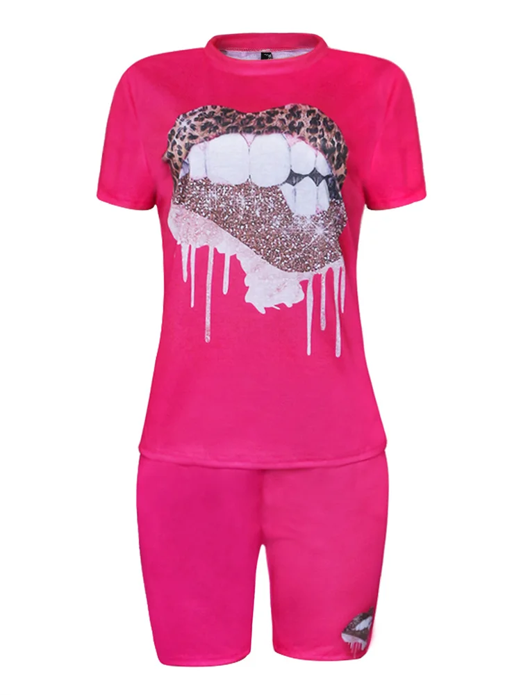 Wmstar Plus Size Two Piece Outfits for Women Tracksuit Shorts Sets Lip Print Top Casual New In Matching Wholesale Dropshipping