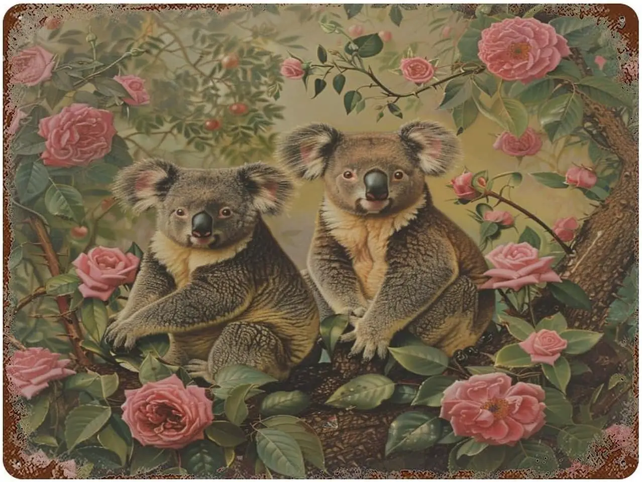 Two Koala Bears On Pink Roses Metal Tin Sign  Parent And Child Retro Vintage Aluminum Gift Bedroom Nov