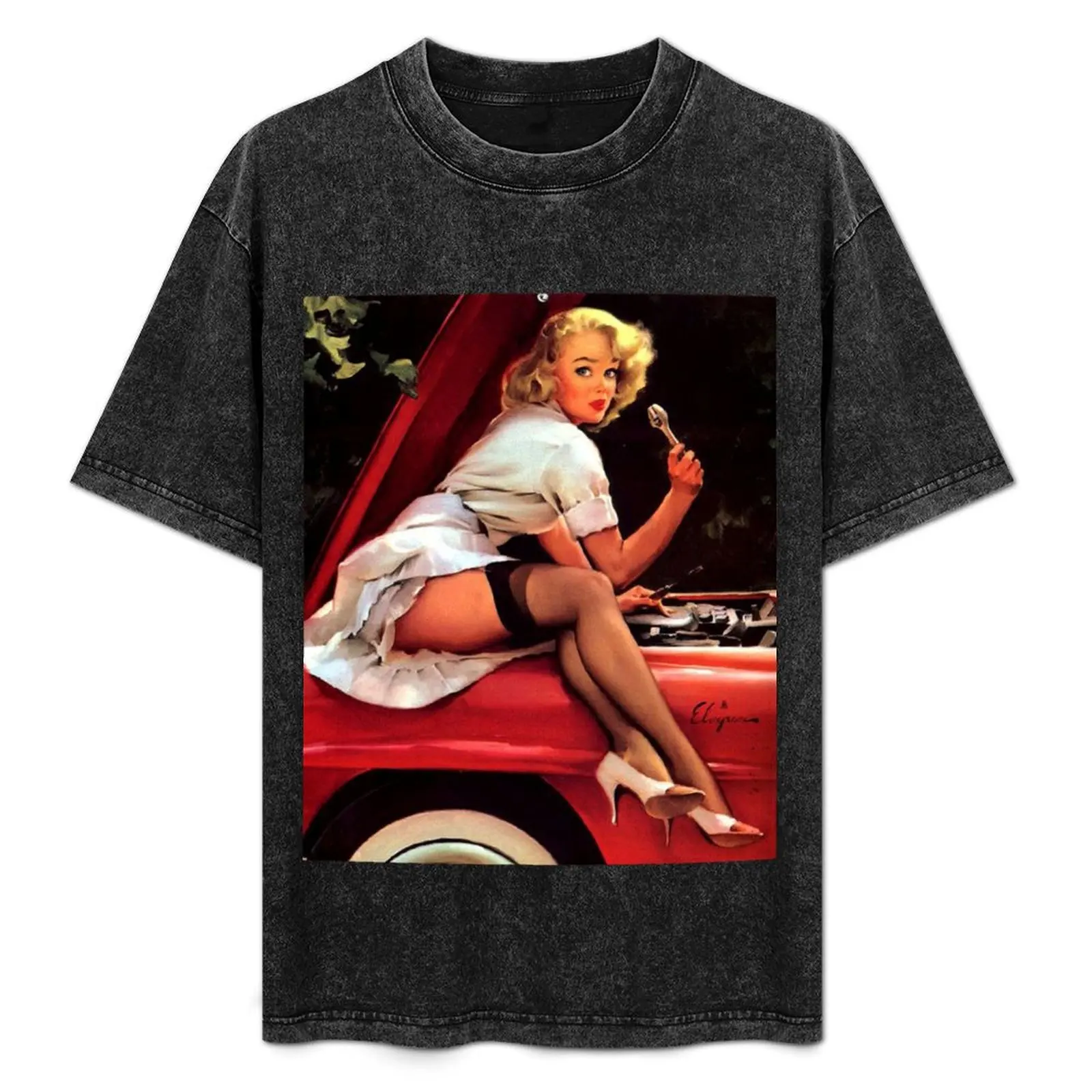 

Gil Elvgren Mechanic Pin Up Girl T-Shirt Minimalist Plain Crew Neck T-Shirt