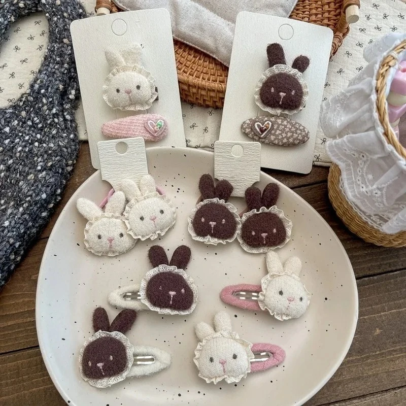 2pcs Beige Yarn Rabbit Hair Loop Hairclips for Girls, Cute Lace Little Bunny Baby Hair Accessory