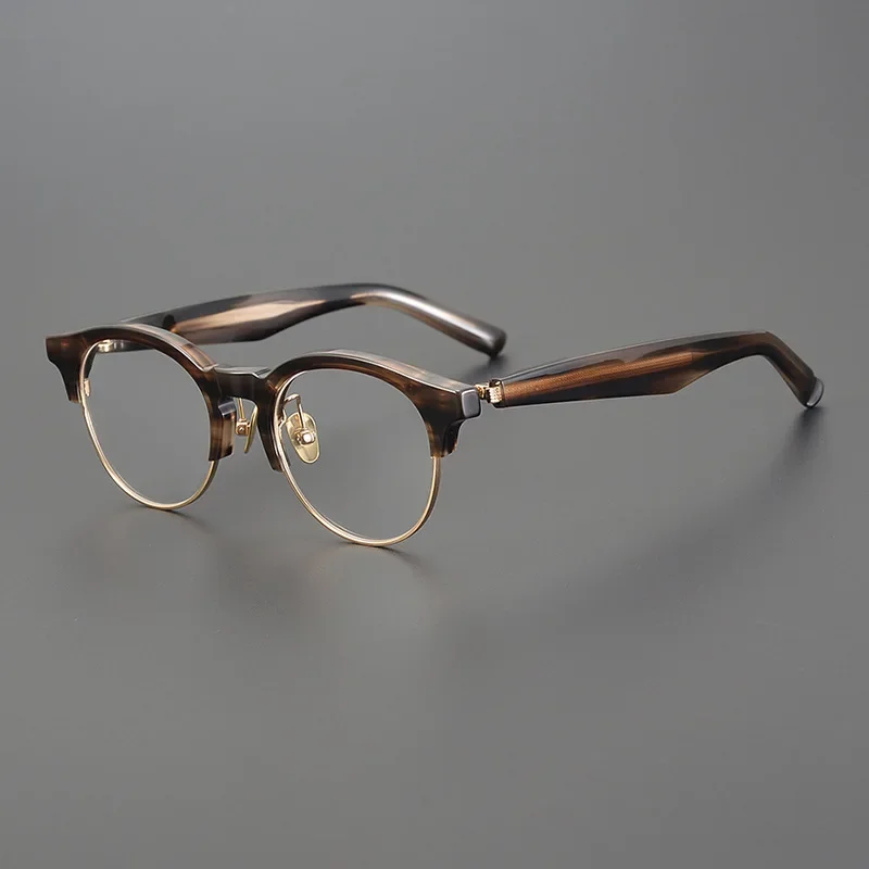 New Fashion Trend Vintage Titanium-Acetate Eyeglass Frame Retro Round Design Half-Rimless Sphere Myopia Woman Man High Quality