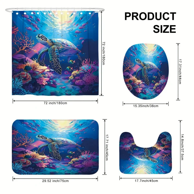 1/4pcs Blue Ocean Sea Turtle Coral Fish Shower Curtain Set, Tropical Coastal, Bathroom Carpet, U-shaped Mat, Toilet Seat Cover,