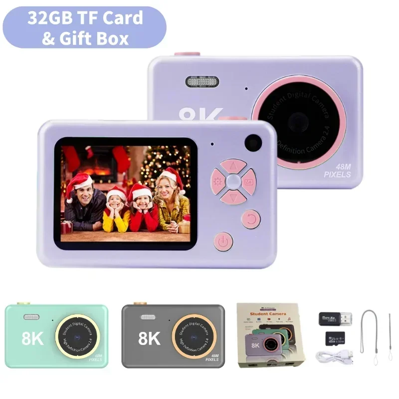 Mini caméra avec écran HD 2,4 pouces pour enfants, double caméra avant et arrière de 32 go, chargement USB, autocollants de caméra de dessin animé pour enfants