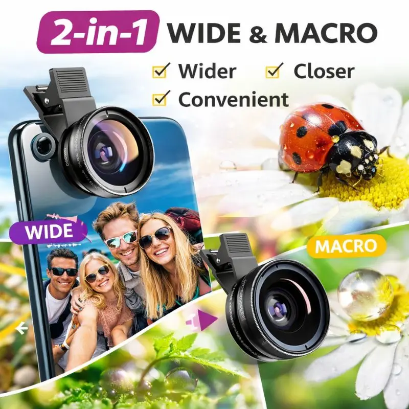 0.45X Wide-Angle Phone Lens + 2-in-1 Macro Lens Universal Clip-On Mobile Phone Professional Lens