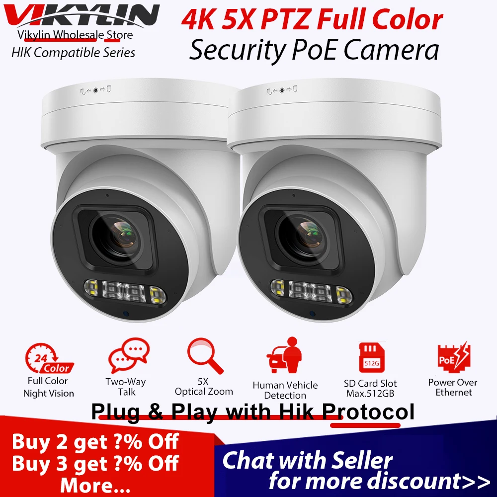 Vikylin 8MP 4K IP Security Camera 5X Zoom Color Night Vision Hik Protocol POE Audio 512GB SD Human Vehicle Detect Dome Cam 2Pcs