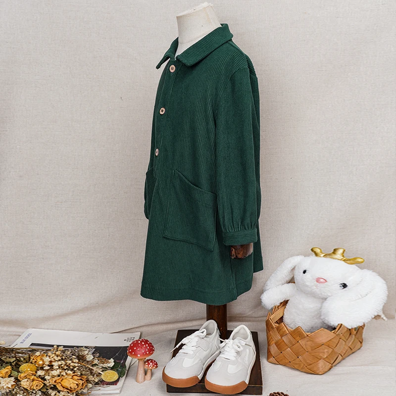 Lässiges Cordkleid für Mädchen 2026 Retro Herbst Neu Kinderkleid mit Revers Knöpfen Langarm mit Taschen Winterkleidung – Detail 14