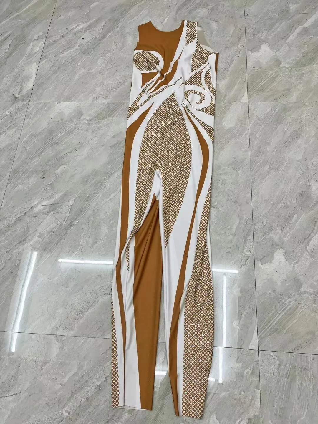 

Nightclub Birthday Party Stage Performance Dance Rompers Outfit Women High Street Sparkly AB Crystals White Printed Jumpsuit