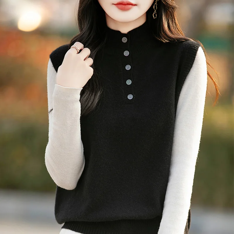 Suéter básico de lana merina de 100%, chaleco con cuello simulado, jersey sin mangas de Cachemira, ropa informal cómoda de Color sólido, Top de moda