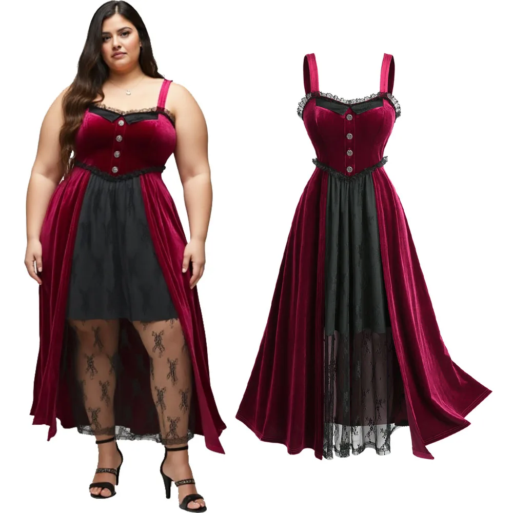

ROSEGAL Plus Size Womens 1950s Vintage Velvet Tank Dresses Floral Lace Mock Buttons A Line Cocktail Party Dress Vestidos