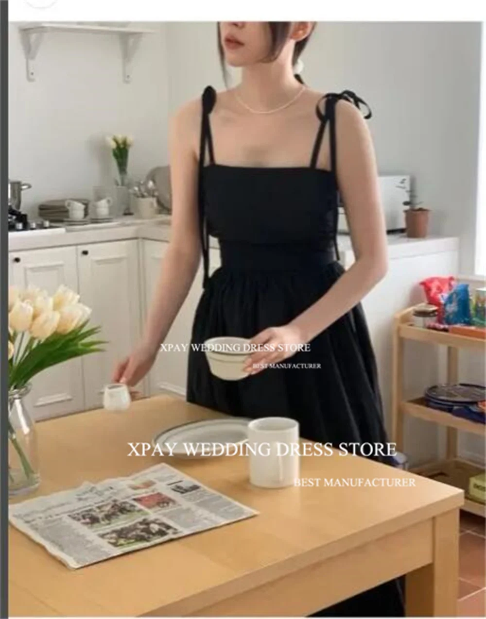 XPAY Strapless Taffeta Korea A Line Evening Dresses Short Puff Sleeve Wedding Customised Backless Custom Formal Party Gown