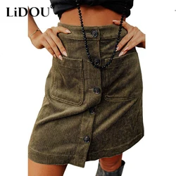 Autumn Winter High Waist Buttons Corduroy Skirt Ladies Casual Fashion Solid Color Bodycon All-match Mini Skirts Women's Clothing
