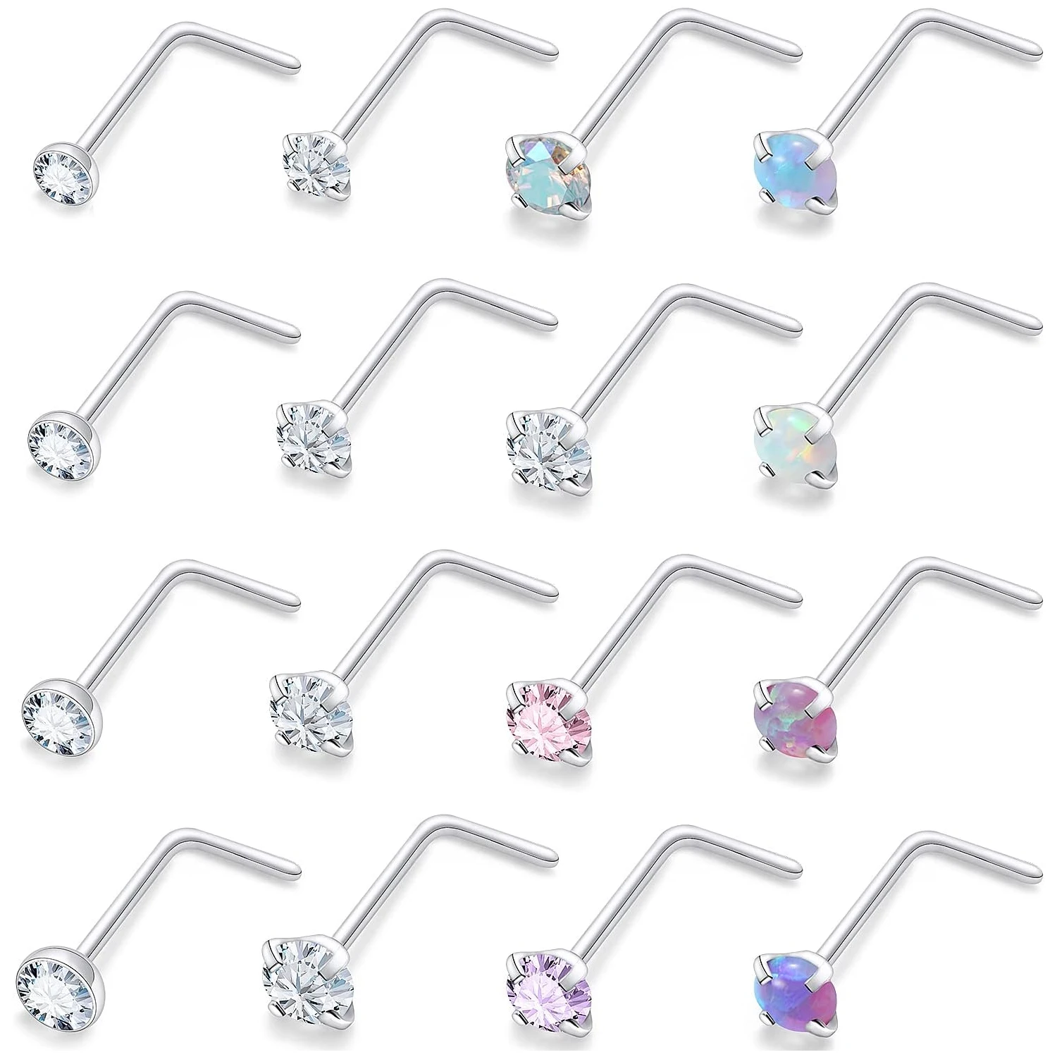 20G CZ Nose Nail Piercing Jewelry for Women 316L Stainless Steel L Shaped Corkscrew Opal Diamond Nostril For Women Men Silvery