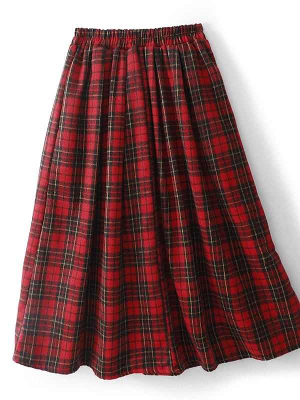 Red Plaid A-Line Skirt Women's Midi Length Woolen Retro College Atmosphere Half-length Skirt Commute Korean Style High Waist