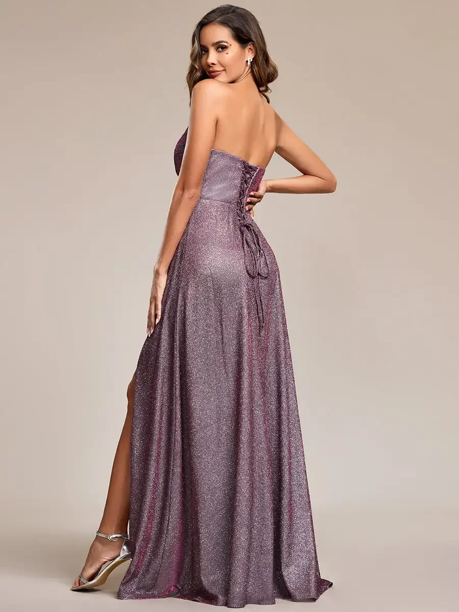 Ever pretty 2024 Gorgeous Evening Dresses Deep V-neck Hot Split Pleated Maxi Lacing  of Shiny Metallic Rose Bridesmaid Dresses