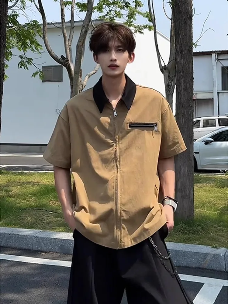 

Cleanfit Zipper ort Sve Work irt Men's Summer Thin American Retro Brown ort Sle Breathable Casual Loose Fit irt