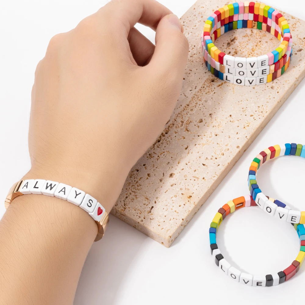 4x8mm Enamel Bracelets For Women Colorful Beads Handmade Bangle Heart Charm Jewelry For Party
