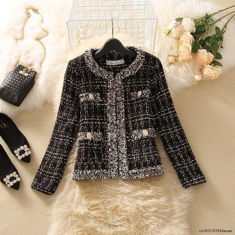 

New Autumn Women Tweed Jacket High quality Long Sleeve Small Chic Cardigan Female Korean Short Elegant Woolen Coat woman