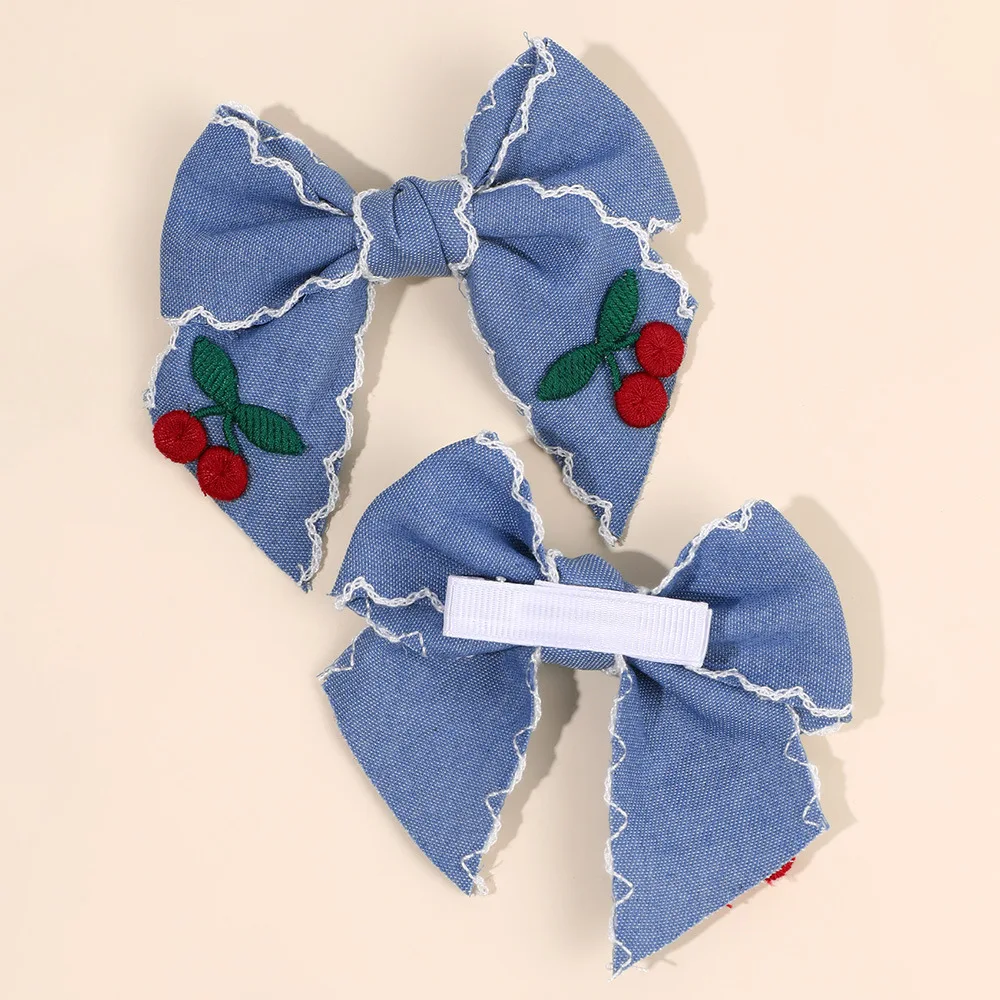 36pc Denim Blue Bow Hair Clips for Girls with Frill Edge Cherry Strawberry Floral Embroidery Kids Hair Accessories Barrettes