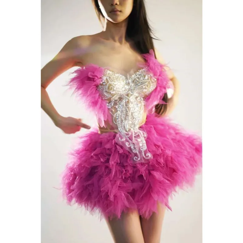 

Women Sexy Strapless 2 PiecesBall Gown Mini Dress Celebrate Niahtclub PartyPerformance Costume Stage Wear Khaki Color