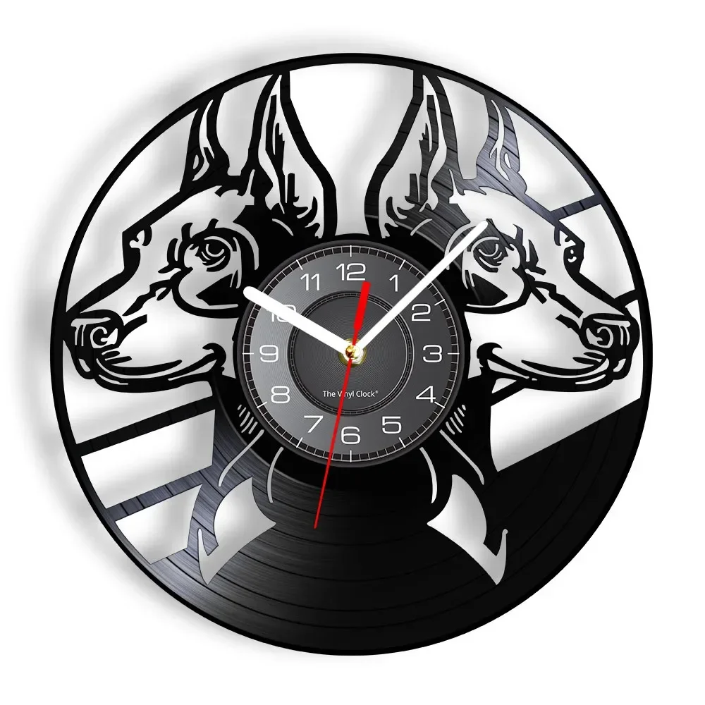 Pinscher Portrait Art Wall Clock Vintage Design Doberman Dog Vinyl Record Wall Clock Dog Pet Enthusiasts Home Decoration Watch