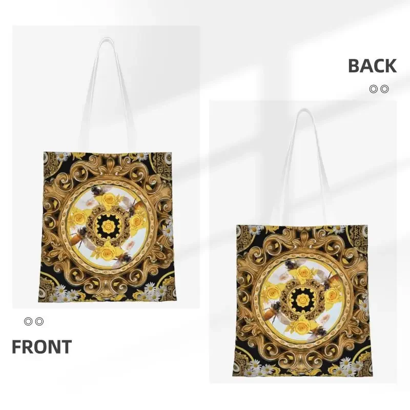 Yellow Rose And Bees Vintage Kitsch Baroque Scarves Grocery Shopping Bags Print Canvas Shopper Shoulder Tote Washable Handbag