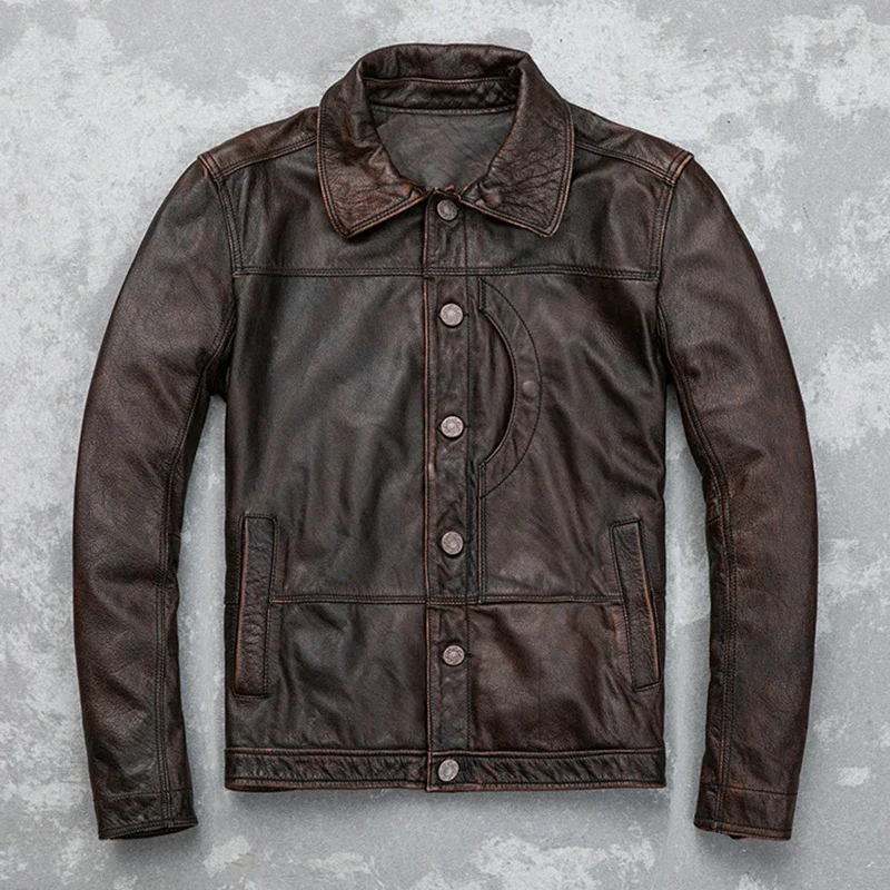 Top Layer Cowhide Jacket Vintage  Distressed  Luxury  Made of Genuine Leather Jackets  High Quality  Lapel Classic Jacket