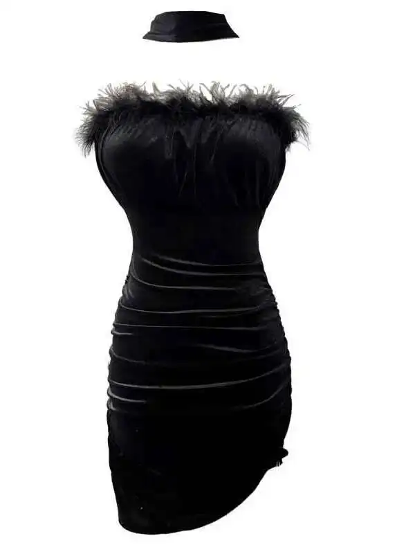 حار 2024 الصيف فتاة حمالة الفراء المرقعة الصلبة مثير فستان محكم التفصيل المرأة Cinching الخصر التفاف الورك سليم فستان قصير TUHH