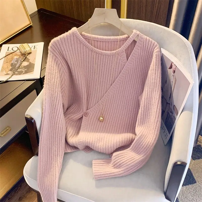 Spring Autumn New Hollow Out Solid Knitting Pullovers Long Sleeve O-Neck Button Sweaters Fashion Temperament Women Clothes S-2XL