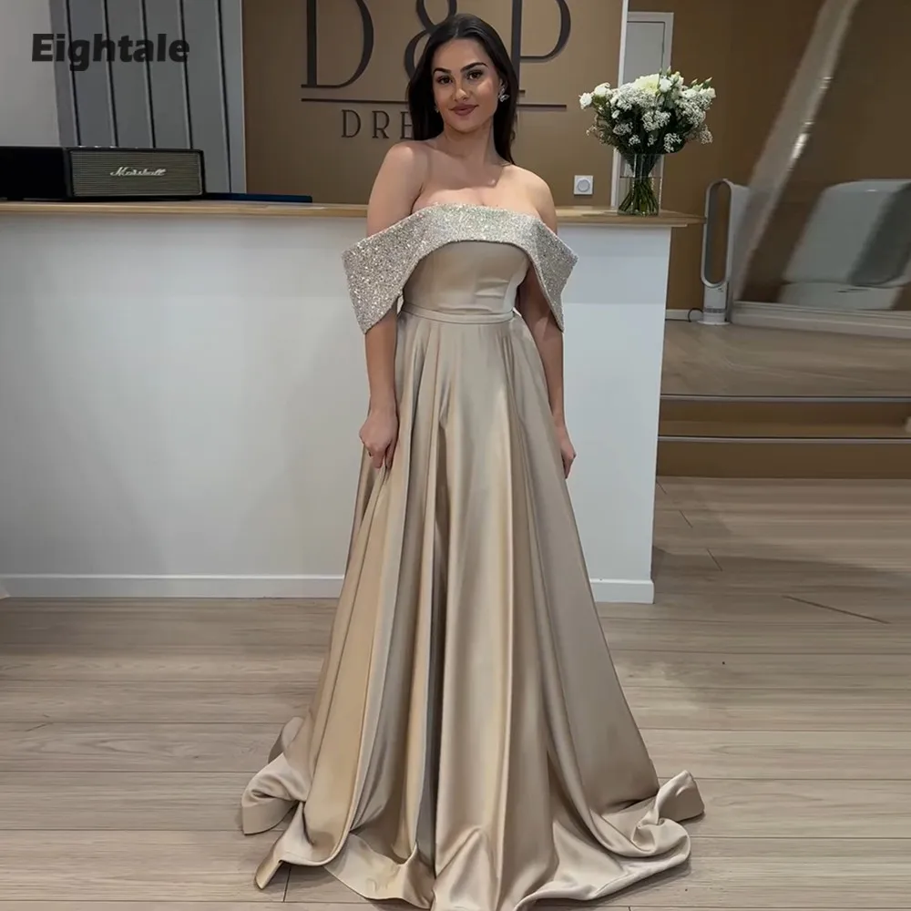 

Eightale Chamapgne Evening Dress off the Shoulder A-Line Prom Gown Satin Sequin Customized Wedding Party Dress