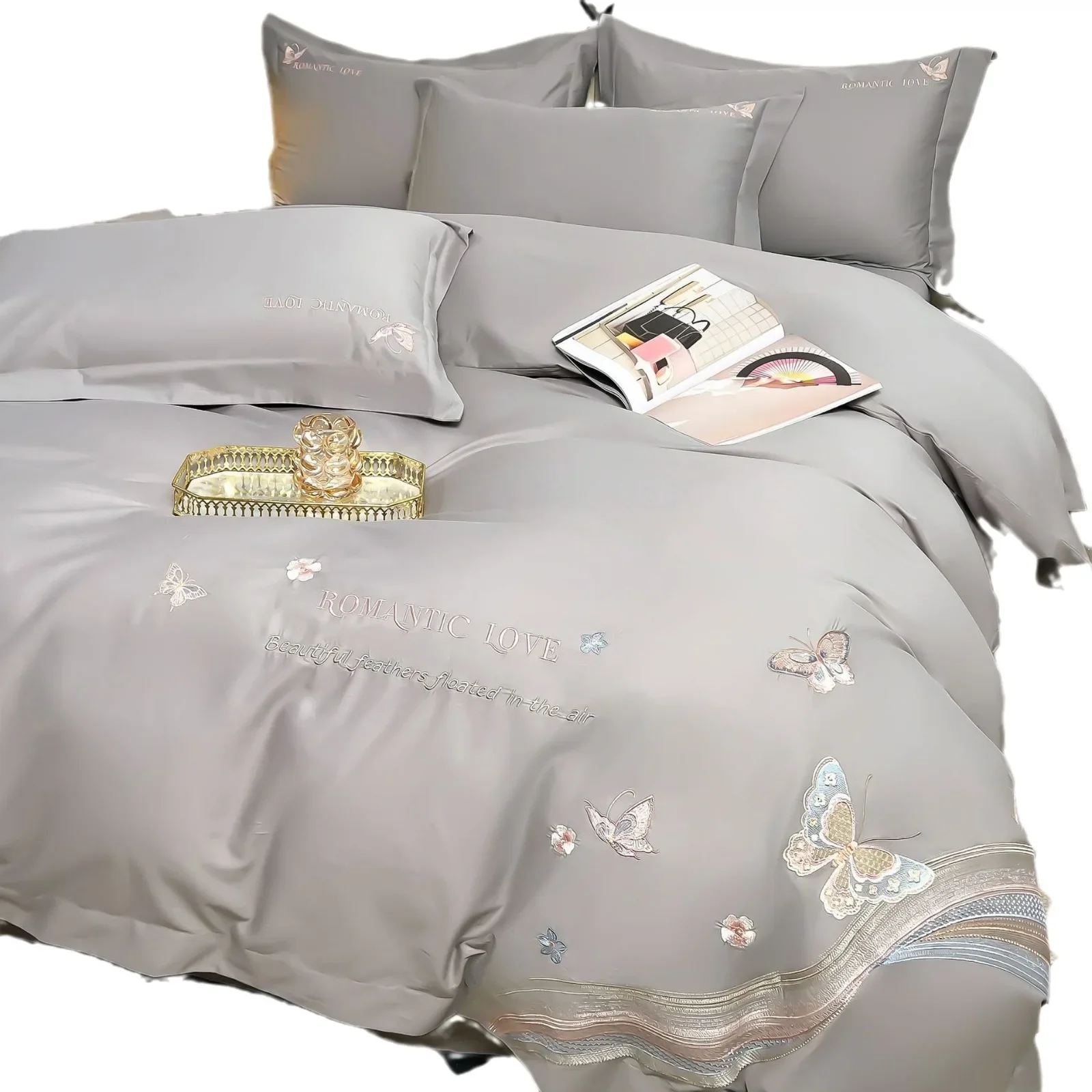 

Light luxury long-staple cotton four-piece set, pure cotton high-grade embroidery quilt cover, bed sheet,