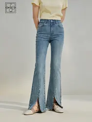 ZIQIAO High Street Sense mujeres ligeramente Bootcut Jeans novedad de verano cintura alta elegante hendidura pantalones para fregar Casual pantalones vaqueros delgados Mujer