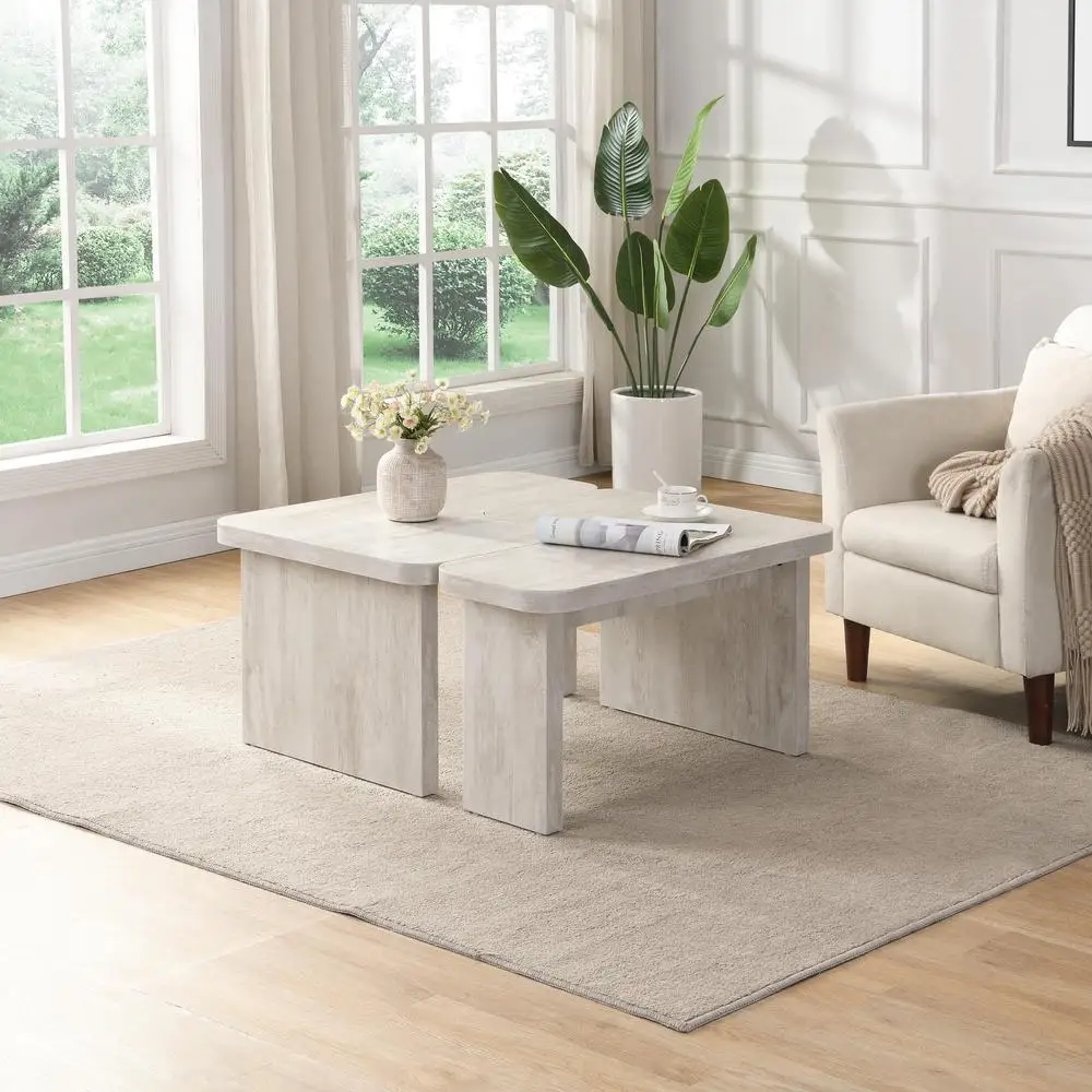 Conjunto de mesa de centro de madeira de fazenda em forma de L retângulo destacável branco moderno móveis para sala de estar 47,24 x 23,62 polegadas