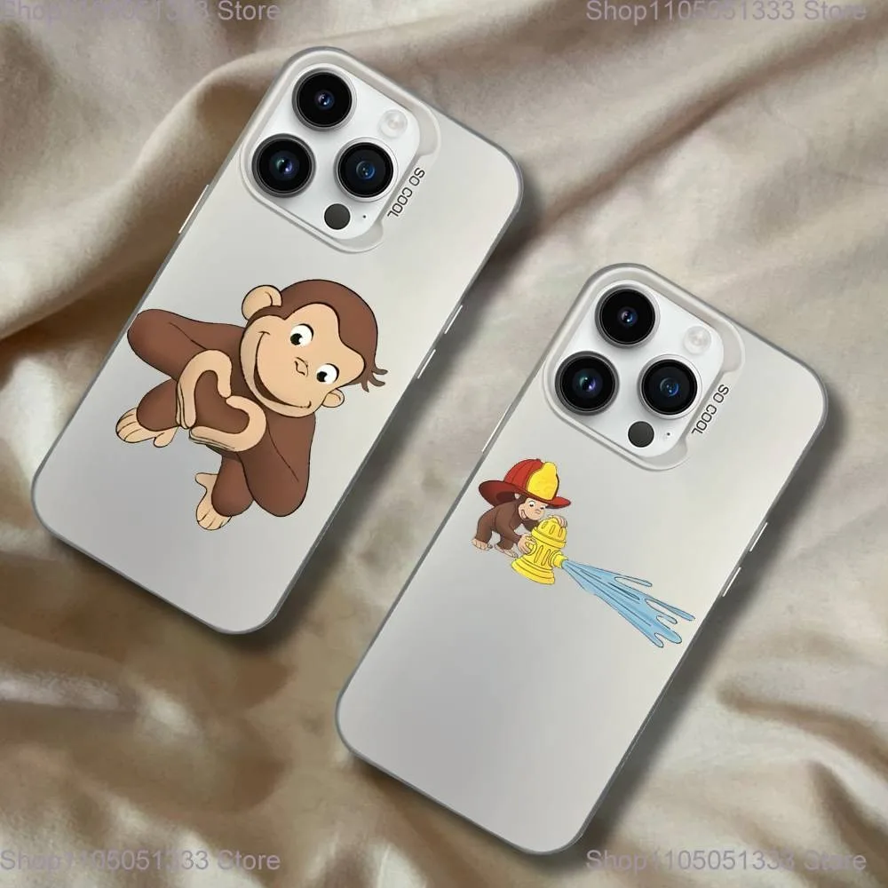 

Curious George Monkey Phone Case For iPhone 16,15,14,13,12,11,Pro,XS,Max,Plus,Mini,SE White Candy Matte Shockproof Cover