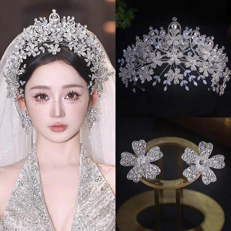 Korean Style Bridal Hair Crown Crystal Sparkling Rhinestones Wedding Grand Tiara Fairy Head Accessories for Brides