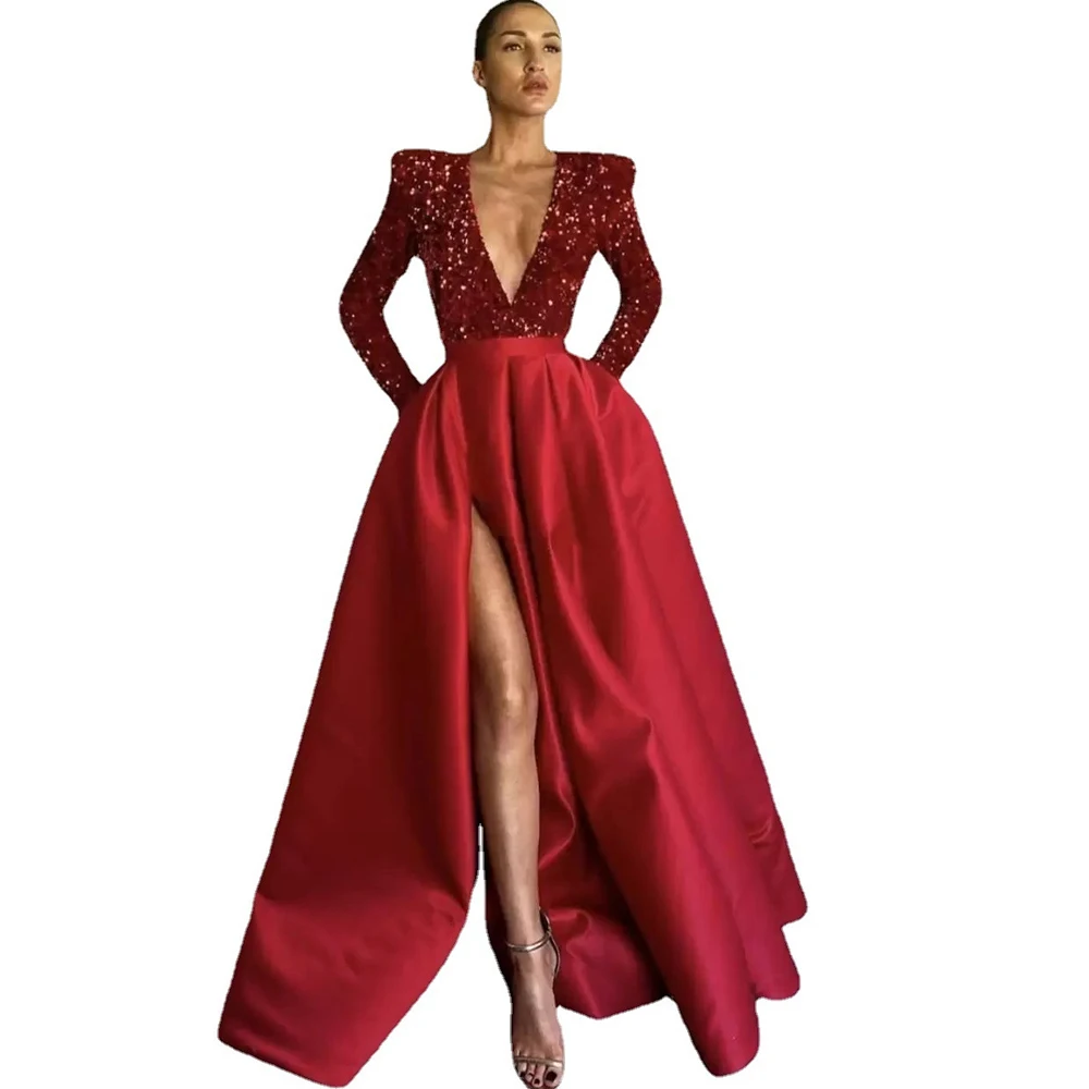 여자의 우아한 저녁 스팽글 드레스 섹시한 깊은 v 넥 새틴 슬림 맞는 민소매 가을 파티 칵테일 Fishtail 웨딩 드레스