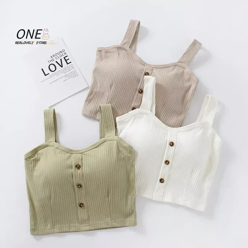 

Fashion Women Tank-Top Padded Stretchable Buttons Crop-Top Tops Camisoles Tube Vest Sleeveless Sexy Casual Summer navel vest