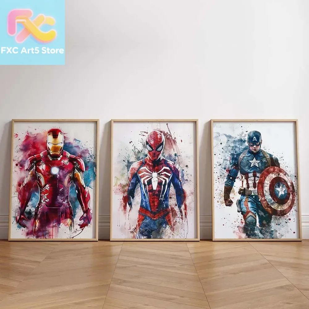 1 pièce, affiche sans cadre, impression artistique effet aquarelle goutte à goutte, super-héros Spider-Man Iron Man, peinture sur toile, art mural Marvel pour chambre d'enfant
