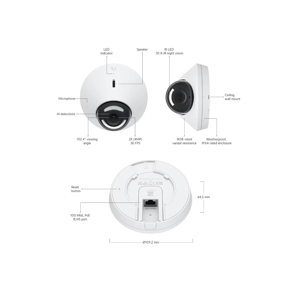 UBIQUITI-cámara domo de techo UVC-G5-Dome G5, Nueva Generación, 2K (4MP), HD, PoE, rango dinámico mejorado, rendimiento de luz baja, 9M, 30 pies