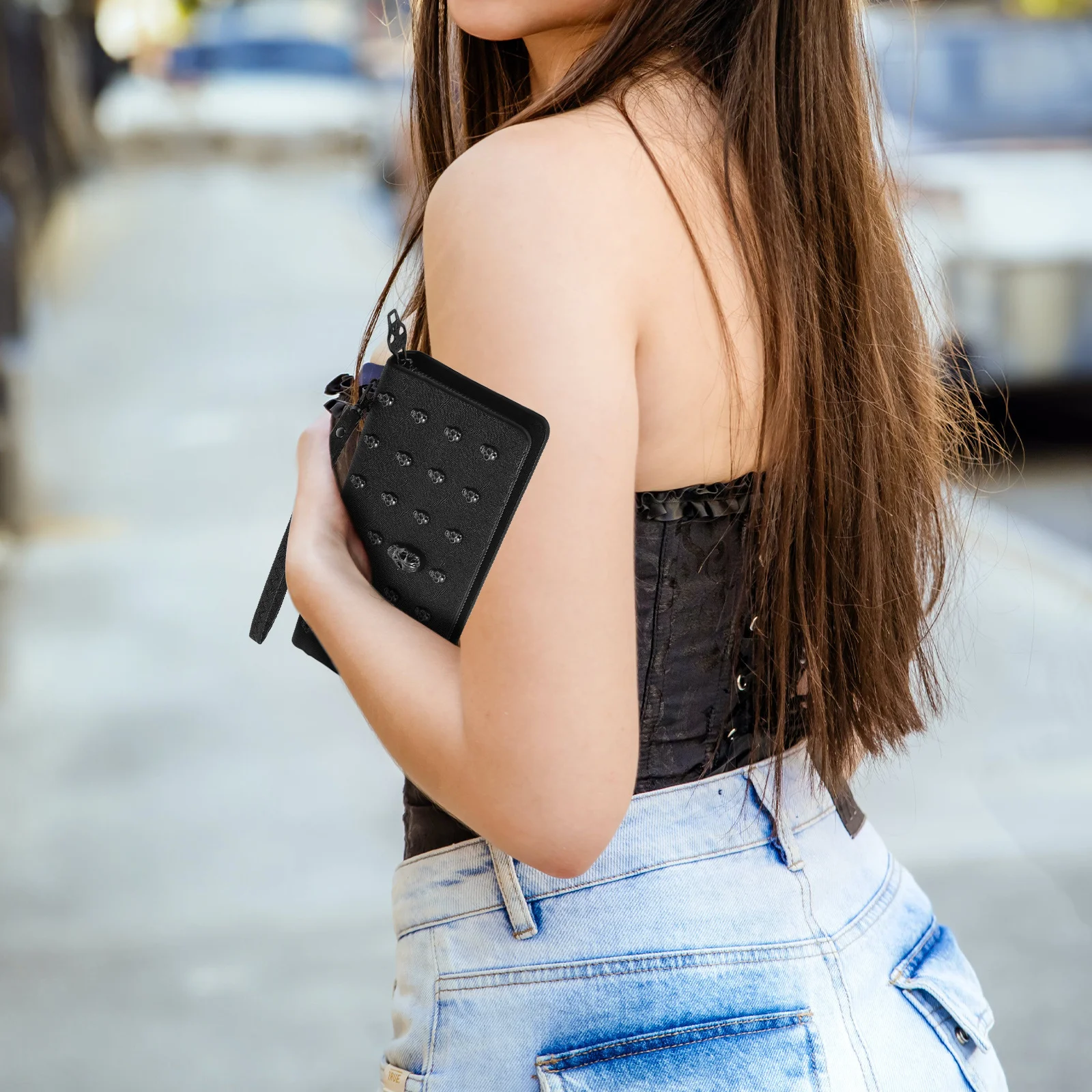 

Women Skull Long Wallet Purse Black PU Zippered Lightweight Portable Multi Card Holder Cellphone Pocket Women Long Wallet