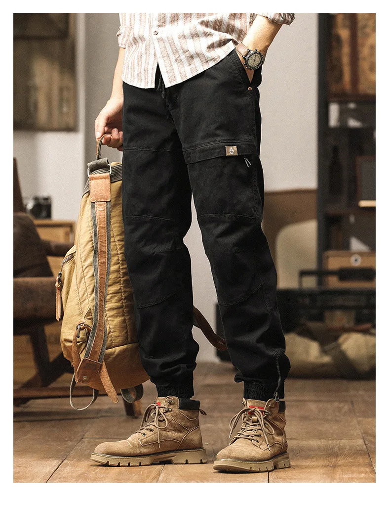 Men's Retro Fashion Patchwork Casual Pants Loose Cotton Washed Solid Color Simple Sports Cuffed Workwear Trousers