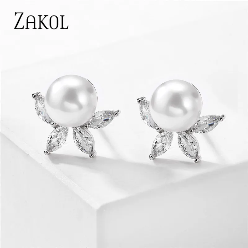 ZAKOL Classic Round Simulated Pearl Stud Earrings for Women Shinny Zirconia Crystal Bridal Wedding Party Fashion Jewelry