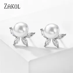 ZAKOL Classic Round Simulated Pearl Stud Earrings for Women Shinny Zirconia Crystal Bridal Wedding Party Fashion Jewelry